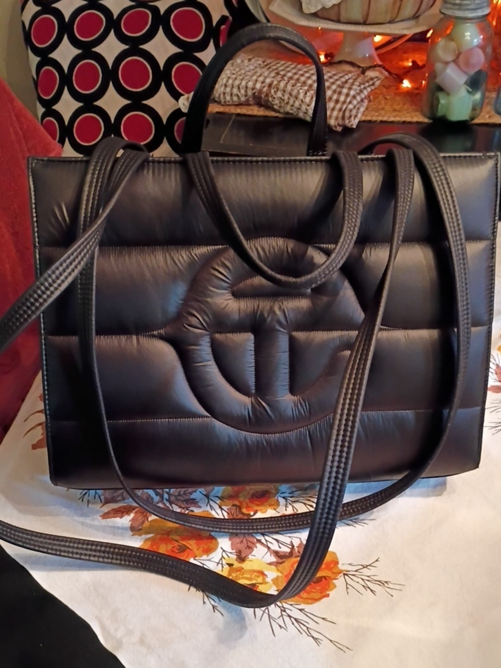 Large Black Telfar Quilted Shoulder Tote Bag with Embossed Logo Detail